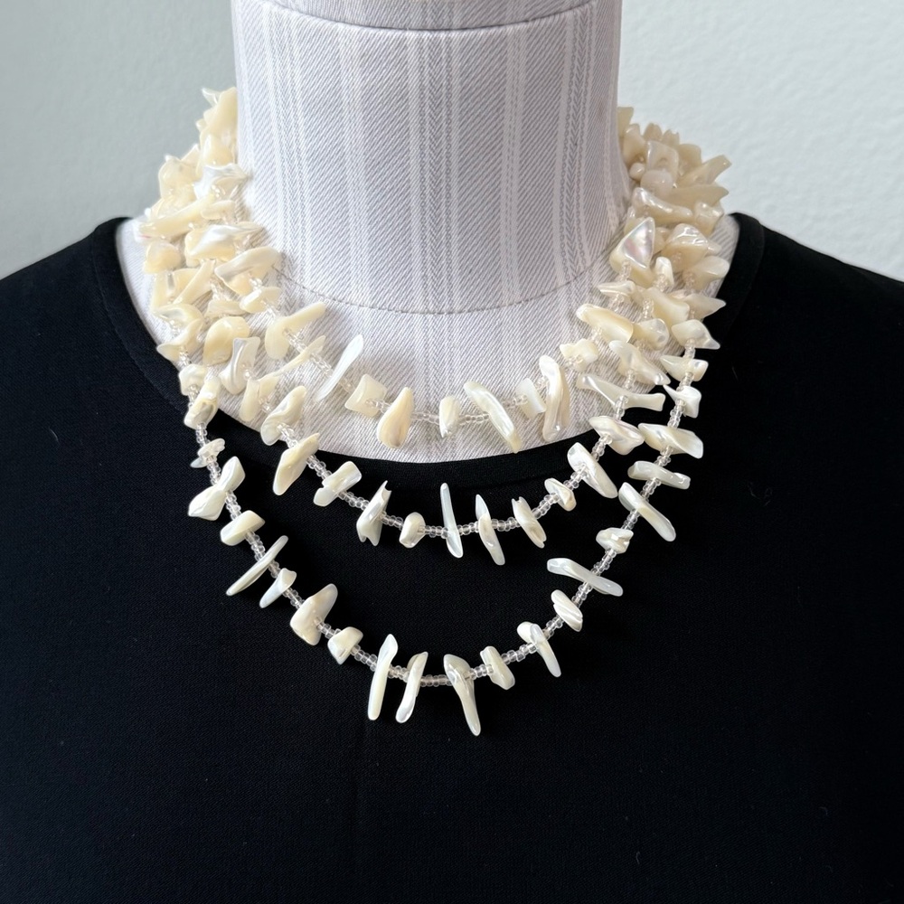 Vintage Mother of Pearl Iridescent Shell Chip Long Rope Necklace 54”